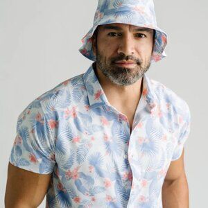 Zyia Men’s Hibiscus Prospect Tropical Button-Down Shirt Blue Pink XL